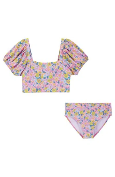 Andy & Evan Kids' Floral Puff Sleeve Two-piece Swimsuit In Purple