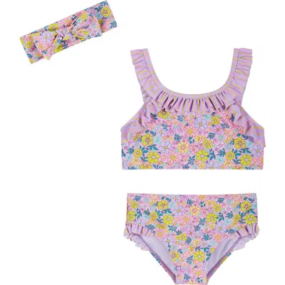 Andy & Evan Babies'  Kids' Floral Ruffle Two-piece Swimsuit & Headband Set In Purple