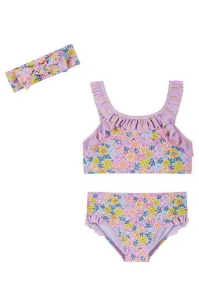Andy & Evan Kids' Floral Ruffle Two-piece Swimsuit & Headband Set In Multi