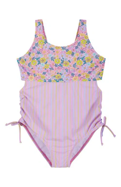Andy & Evan Kids' Floral Stripe Ruched One-piece Swimsuit In Pink