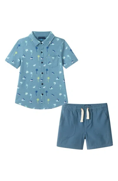 Andy & Evan Kids' Knit Button-up Shirt & Shorts Set In Blue