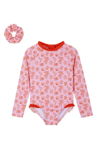 Andy & Evan Babies'  Kids' Long Sleeve One-piece Rashguard Swimsuit & Scrunchie Set In Pink