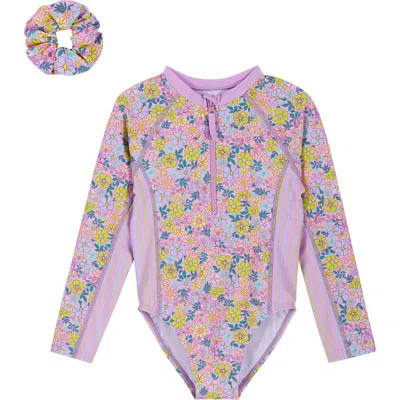 Andy & Evan Babies'  Kids' Long Sleeve One-piece Rashguard Swimsuit & Scrunchie Set In Purple