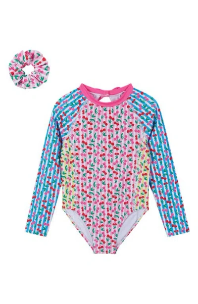 Andy & Evan Babies'  Kids' Long Sleeve One-piece Rashguard Swimsuit With Scrunchie In Multi