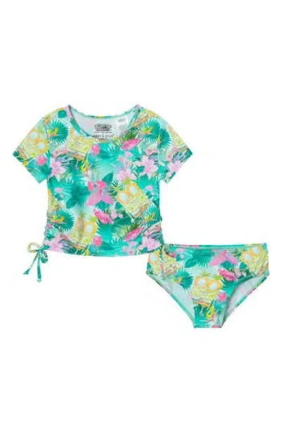 ANDY & EVAN ANDY & EVAN KIDS' PINEAPPLE PALM RIB TWO-PIECE RASHGUARD SWIMSUIT