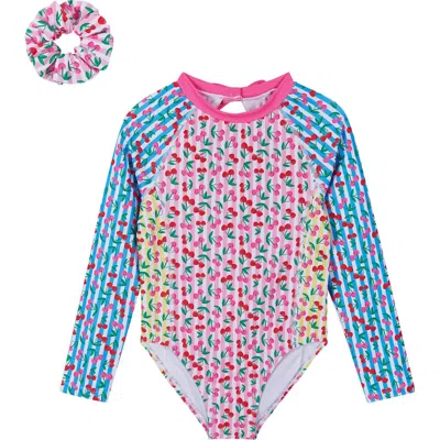 Andy & Evan Kids' Print Long Sleeve One-piece Rashguard Swimsuit & Hair Tie Set In Multi