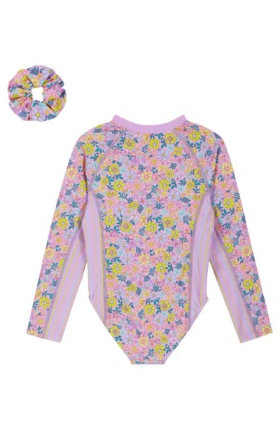 Andy & Evan Kids' Print Long Sleeve One-piece Rashguard Swimsuit & Hair Tie Set In Multi