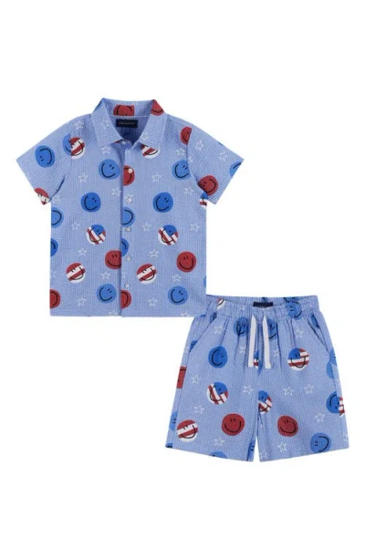 Andy & Evan Kids' Printed Cotton Gauze Button-up Shirt & Shorts Set In Blue