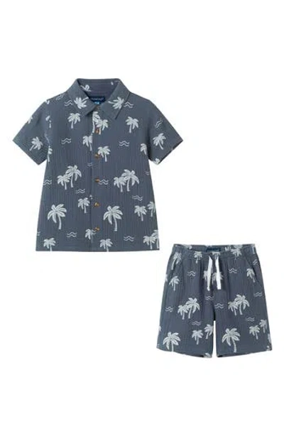 Andy & Evan Kids' Printed Cotton Gauze Button-up Shirt & Shorts Set In Blue