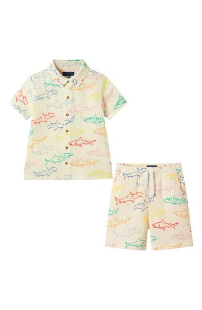 Andy & Evan Kids' Printed Cotton Gauze Button-up Shirt & Shorts Set In Neutral