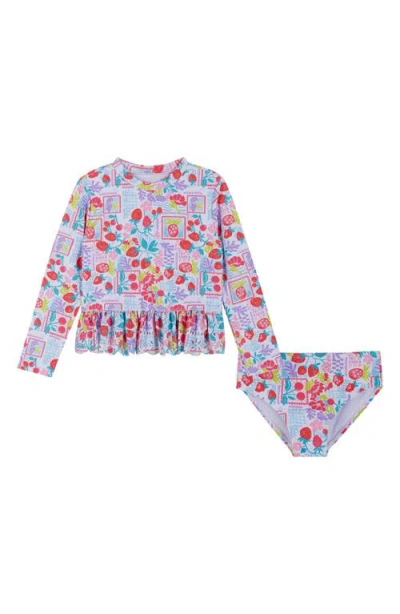 Andy & Evan Kids' Ruffle Fruit Print Long-sleeve Rib Two-piece Swimsuit In Multi