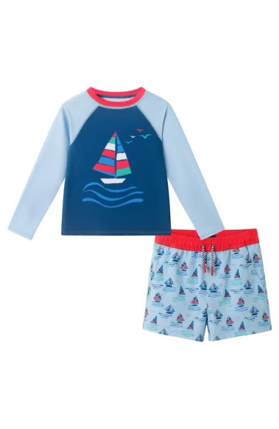 Andy & Evan Kids' Sailboat Long Sleeve Two-piece Rashguard Swimsuit In Blue