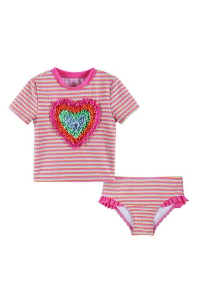 Andy & Evan Kids' Stripe Ruffle Short Sleeve Two-piece Rashguard Swimsuit In Pink