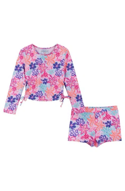Andy & Evan Kids" Tropical Floral Long Sleeve Two-piece Rashguard Swimsuit In Pink