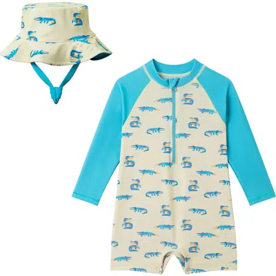 Andy & Evan Babies'  Long Sleeve One-piece Swimsuit & Sun Hat In Blue