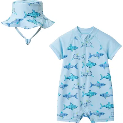 Andy & Evan Babies'  Long Sleeve One-piece Swimsuit & Sun Hat In Blue
