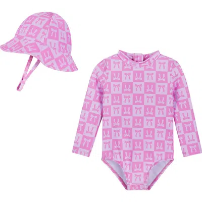 Andy & Evan Babies'  Long Sleeve One-piece Rashguard Swimsuit & Sun Hat Set In Pink