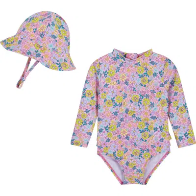 Andy & Evan Babies'  Long Sleeve One-piece Rashguard Swimsuit & Sun Hat Set In Pink