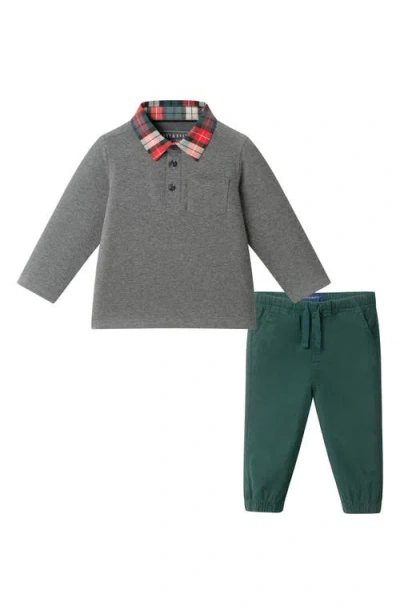 Andy & Evan Babies'  Long Sleeve Stretch Cotton Polo & Drawstring Pants Set In Gray