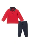 Andy & Evan Long Sleeve Stretch Cotton Polo & Drawstring Pants Set In Multi