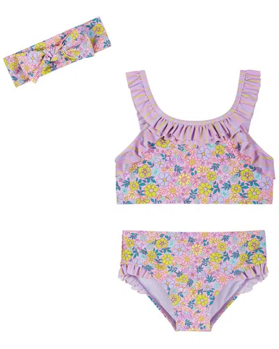 Andy & Evan Print Mix Ruffle Bikini With Headband In Pink