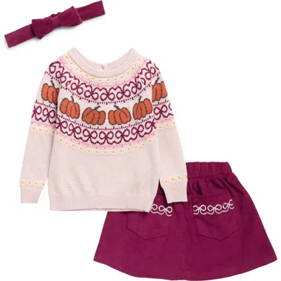 Andy & Evan Babies'  Pumpkin Fair Isle Sweater, Corduroy Skirt & Headband Set In Multi
