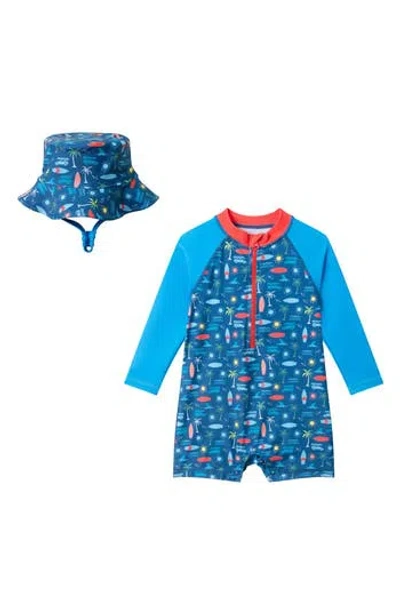 Andy & Evan Babies'  Rashguard Swimsuit & Bucket Hat In Blue