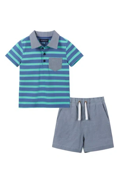 Andy & Evan Babies'  Stripe Stretch Cotton Piqué Polo & Shorts Set In Blue