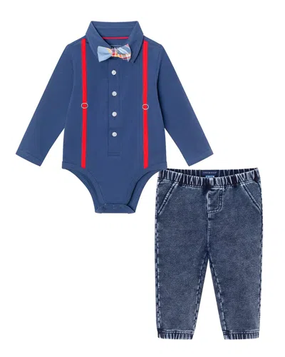 Andy & Evan Kids' Suspender Shirtzie & Terry Pant Set In Blue