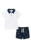 Andy & Evan Tipped Polo & Seersucker Shorts Set In White