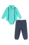 Andy & Evan Babies'  Button-up Bodysuit, Pants & Bow Tie Set In Teal Pique