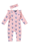 Andy & Evan Heart Print Cotton Romper & Headband Set In Pink