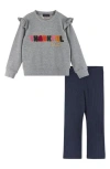 Andy & Evan Girls' Navy Crewneck Sweater With Embossed Glitter Lettering & Legging Set - Little Kid In Multi