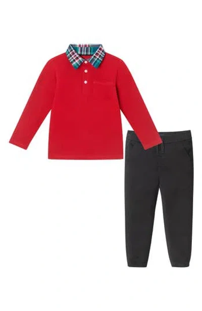Andy & Evan Kids' Holiday Long Sleeve Polo & Pants Set In Red
