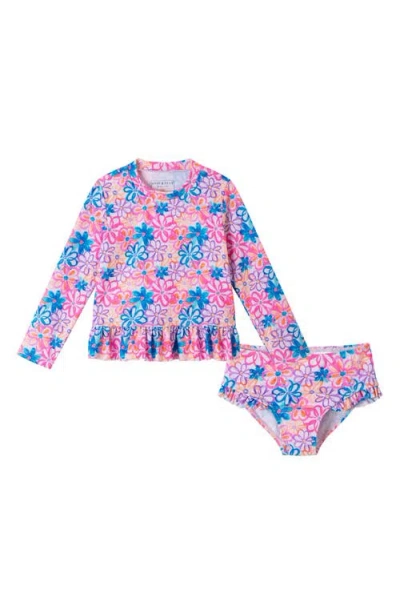 Andy & Evan Kids' Ruffle Long-sleeve Rib Two-piece Swimsuit In Blue