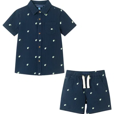 Andy & Evan Kids' Seersucker Lime Button Front Shirt & Shorts Set In Blue