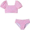 Andy & Evan Kids' Smiley Textured Puff Sleeve Two-piece Swimsuit In Pink Smiley
