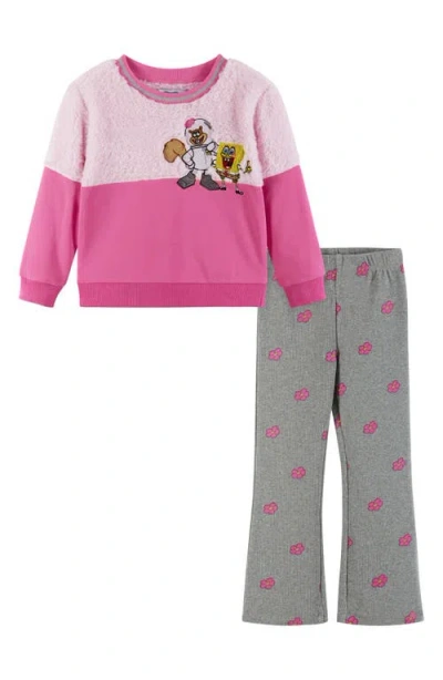 Andy & Evan Kids' Spongebob Squarepants™ Faux Fur Sweatshirt & Rib Leggings Set In Pink Hearts