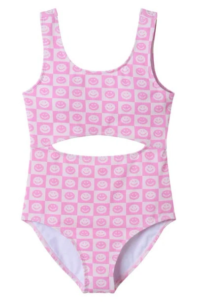 Andy & Evan Kids' Textured Smiley Check One-piece Swimsuit In Pink Smiley