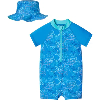 Andy & Evan Babies'  Short Sleeve One-piece Swimsuit & Hat Set In Aqua