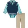 Andy & Evan Plaid Button-up Bodysuit, Sweater Vest, Bow Tie & Pants Set In Green Plaid