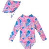 Andy & Evan Babies'  Print Long Sleeve One-piece Rashguard Swimsuit & Sun Hat Set In Blue