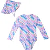 Andy & Evan Print Long Sleeve One-piece Rashguard Swimsuit & Sun Hat Set In Multi Color
