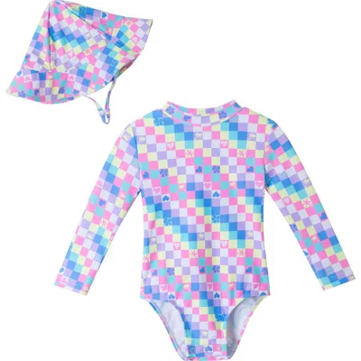 Andy & Evan Babies'  Print Long Sleeve One-piece Rashguard Swimsuit & Sun Hat Set In Multi Color