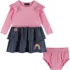 Andy & Evan Rainbow Rib Dress & Bloomers In Pink Chambray