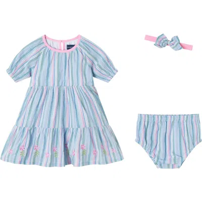 Andy & Evan Babies'  Stripe Cotton Dress, Bloomers & Bow Headband Set In Blue