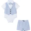 Andy & Evan Vest Bodysuit, Suit Shorts & Bow Tie Set In Chambray