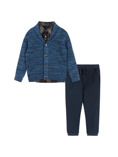 Andy & Evan Baby Boy's 3-piece Plaid Shirt, Cardigan & Joggers Set In Marled Blue