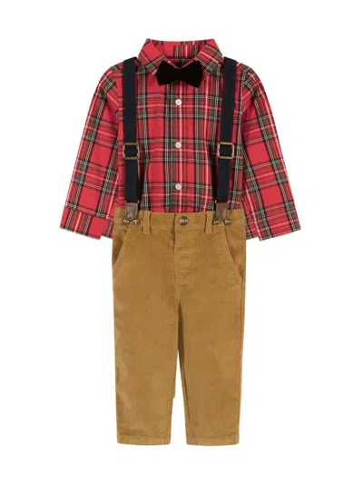 Andy & Evan Babies' Holiday Plaid Flannel Bodysuit, Suspender Pants & Bow Tie Set In Red Plaid