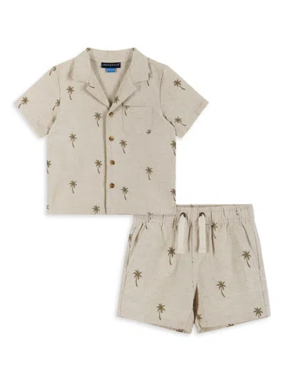 Andy & Evan Baby Boy's Palm Linen-blend Camp Shirt & Drawstring Shorts Set In Beige